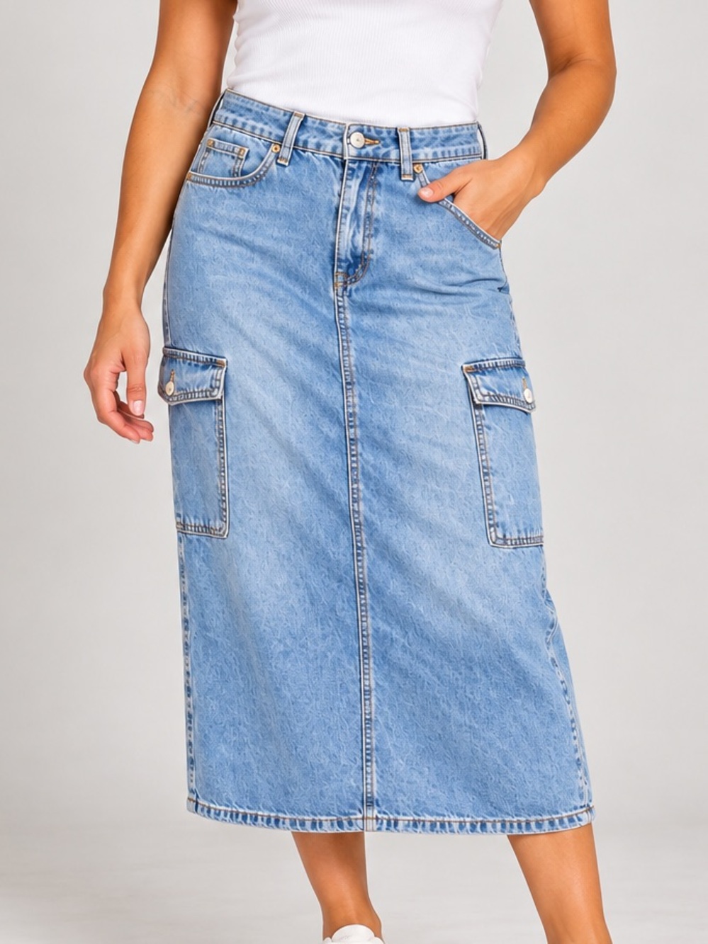 Rewash Light Blue Denim Cargo Midi Skirt